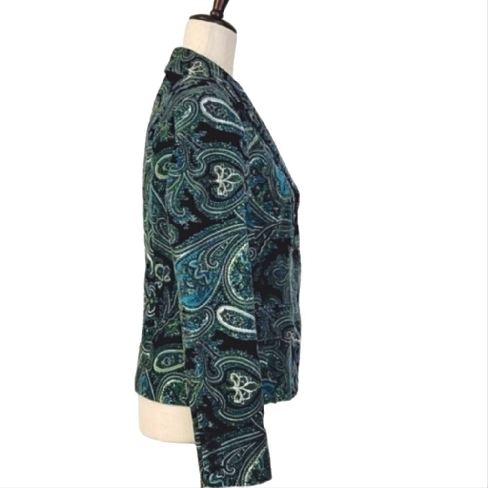 Talbots Teal Paisley Patterned Velvet Stretch Buttoned Blazer Size 4 - Picture 4 of 10